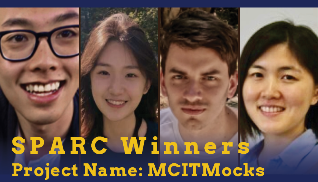 Headshots of two male and two female students who are the Sparc Winners. Their project name is MCIT Mocks.