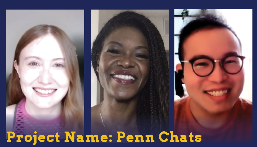 Headshots of two female and one male students who are Sparc Finalists. Their project name is Penn Chats.