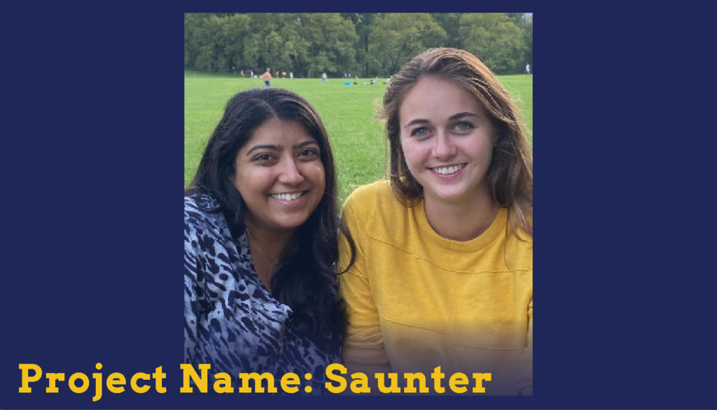 Two female students in the park posing with big smiles for the camera. They are Sparc Finalists. Their project name is Saunter.