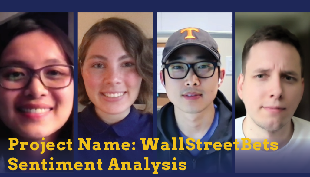 Headshots of two male students and two female students who are Sparc Finalists. Their project name is WallStreetBets Sentiment Analysis.